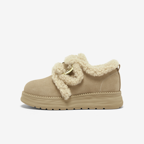 Bata勃肯毛毛鞋女2025冬新款英伦牛剖皮通勤保暖厚底单鞋8501MDM5