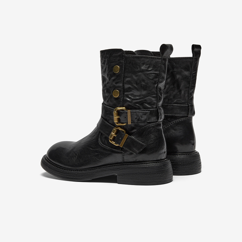 Bata时装靴女2025冬季新款牛皮通勤百搭粗跟西部中筒靴58228DZ5