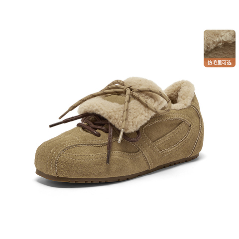 Bata休闲鞋女2025冬季牛剖皮通勤复古毛毛德训运动鞋25581DM5