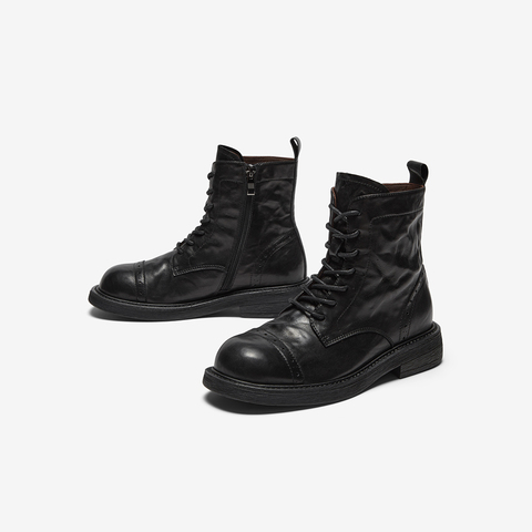 Bata英伦马丁靴女2025冬季新款牛皮粗跟百搭纹理短筒靴66052DZ5