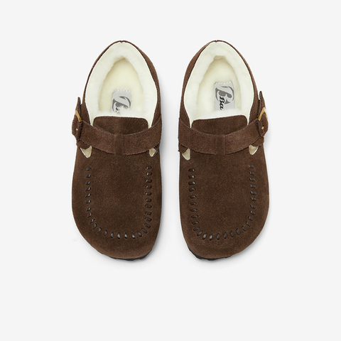 Bata勃肯毛毛鞋女2025冬新款英伦牛剖皮通勤保暖单鞋252MMDA5