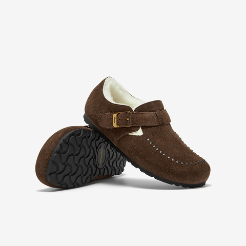 Bata勃肯毛毛鞋女2025冬新款英伦牛剖皮通勤保暖单鞋252MMDA5