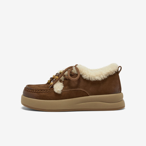 Bata勃肯毛毛鞋女2025冬季新款英伦牛皮通勤保暖厚底单鞋8581MDM5