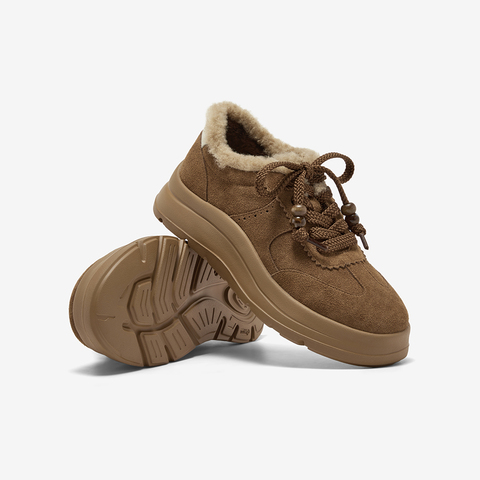 Bata休闲鞋女2025冬季新款牛剖皮通勤厚底毛毛德训运动鞋AD120DM5