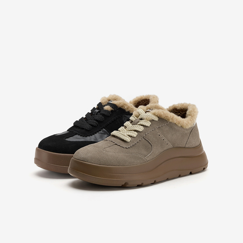 Bata休闲鞋女2025冬季新款牛剖皮通勤厚底毛毛德训运动鞋AD120DM5