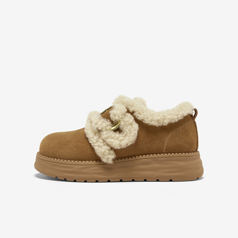 Bata勃肯毛毛鞋女2025冬新款英伦牛剖皮通勤保暖厚底单鞋8501MDM5