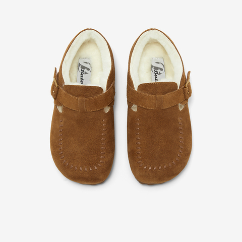 Bata勃肯毛毛鞋女2025冬新款英伦牛剖皮通勤保暖单鞋252MMDA5