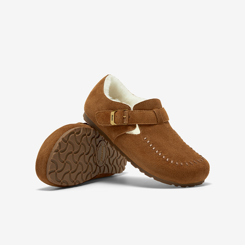 Bata勃肯毛毛鞋女2025冬新款英伦牛剖皮通勤保暖单鞋252MMDA5