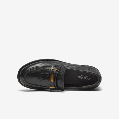 Bata乐福鞋女2025秋季新款英伦牛皮粗跟通勤一脚蹬单鞋15711CA5