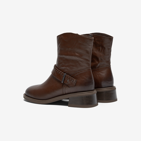 Bata时装靴女2025冬商场新款抓纹羊皮通勤百搭粗跟短筒靴23801DD5