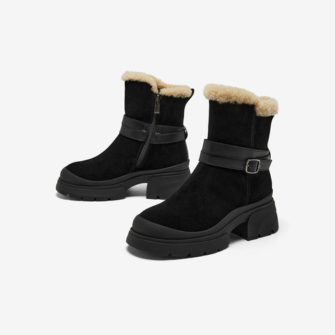 Bata雪地靴女2025冬商场新款牛剖皮保暖粗跟通勤百搭中靴UKI10DZ5