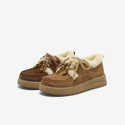 Bata勃肯毛毛鞋女2025冬季新款英伦牛皮通勤保暖厚底单鞋8581MDM5