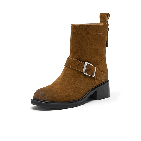 Bata时装靴女2025冬商场新款牛剖皮复古粗跟牛仔时装靴25109DZ5