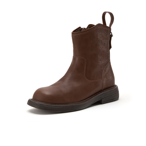 Bata时装靴女2025冬季新款百搭牛皮粗跟通勤百搭柔软靴66051DZ5