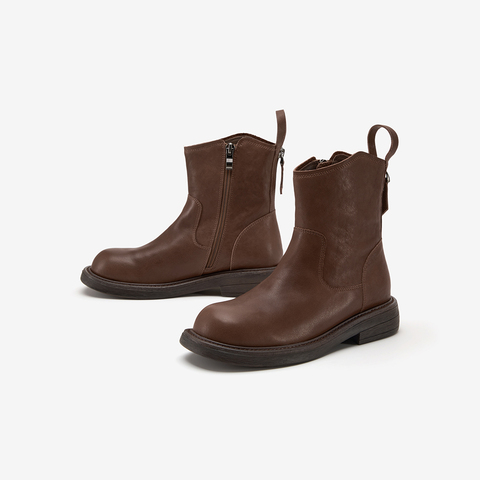 Bata时装靴女2025冬季新款百搭牛皮粗跟通勤百搭柔软靴66051DZ5