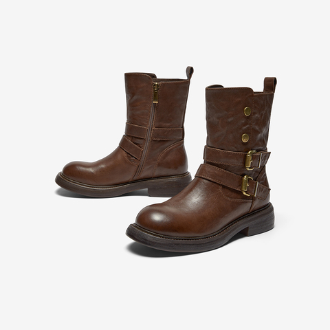 Bata时装靴女2025冬季新款牛皮通勤百搭粗跟西部中筒靴58228DZ5