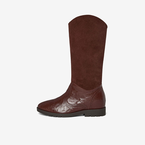 Bata西部靴女2025冬商场新款英伦牛仔靴粗跟牛羊皮长筒靴67012DG5