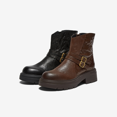 Bata时装靴女2025冬季商场新款百搭羊皮通勤粗跟短筒靴AGC47DD5