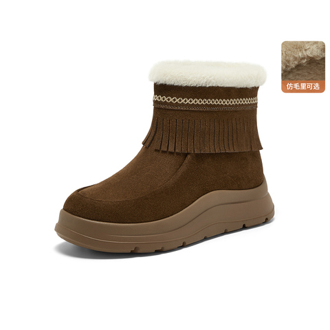 Bata雪地靴女2025冬商场新款牛剖皮保暖厚底流苏百搭短靴AD125DD5