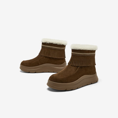 Bata雪地靴女2025冬商场新款牛剖皮保暖厚底流苏百搭短靴AD125DD5