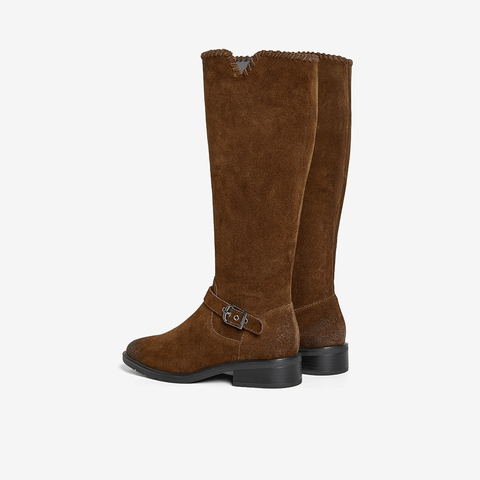 Bata西部靴女2025冬季商场新款英伦牛仔靴粗跟牛剖皮长靴AXG66DG5