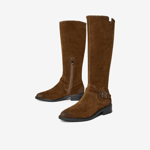 Bata西部靴女2025冬季商场新款英伦牛仔靴粗跟牛剖皮长靴AXG66DG5