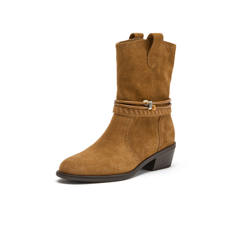 Bata西部靴女2025冬季商场新款复古牛剖皮粗跟西部牛仔靴03127DZ5