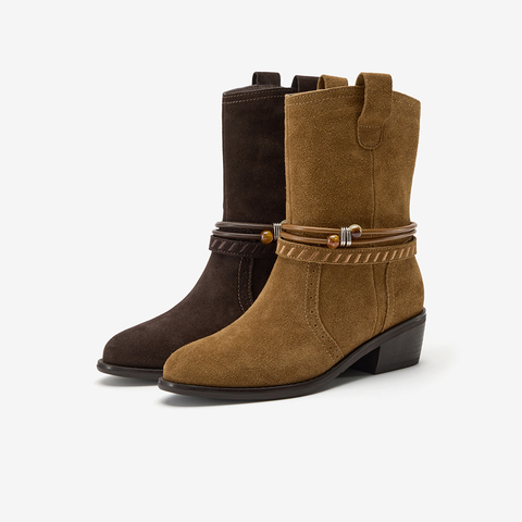 Bata西部靴女2025冬季商场新款复古牛剖皮粗跟西部牛仔靴03127DZ5