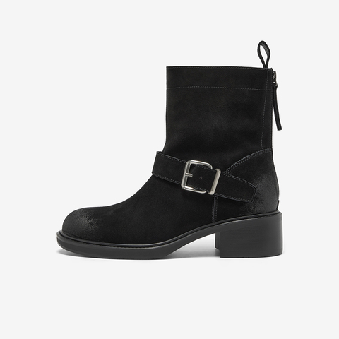 Bata时装靴女2025冬商场新款牛剖皮复古粗跟牛仔时装靴25109DZ5