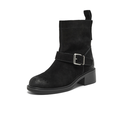 Bata时装靴女2025冬商场新款牛剖皮复古粗跟牛仔时装靴25109DZ5