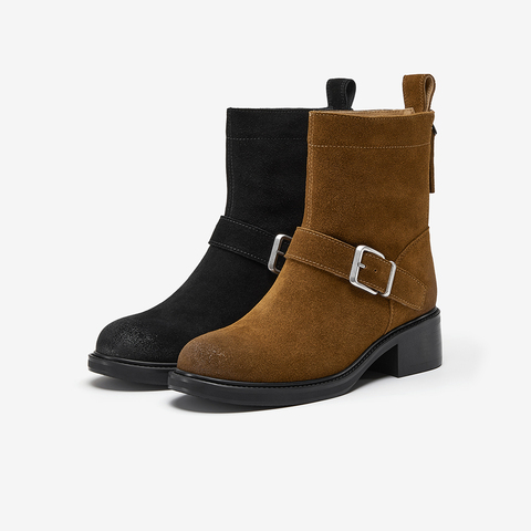 Bata时装靴女2025冬商场新款牛剖皮复古粗跟牛仔时装靴25109DZ5