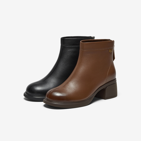 Bata时装靴女2025冬季新款百搭羊皮通勤粗跟时尚短筒靴6839DDD5