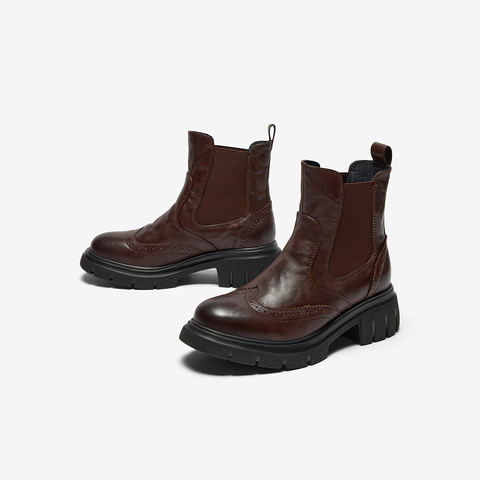 Bata切尔西靴女2025冬商场新款英伦风牛皮粗跟通勤短筒靴UWL04DD5