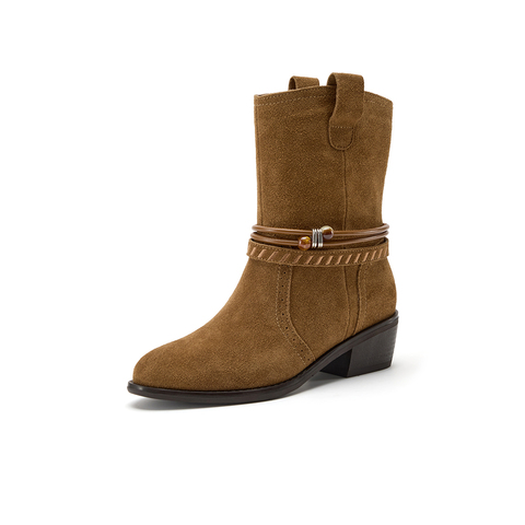 Bata西部靴女2025冬季商场新款复古牛剖皮粗跟西部牛仔靴03127DZ5