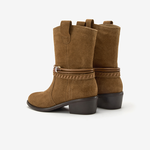 Bata西部靴女2025冬季商场新款复古牛剖皮粗跟西部牛仔靴03127DZ5