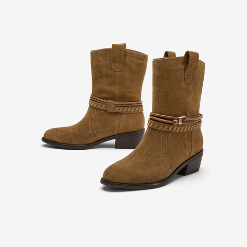 Bata西部靴女2025冬季商场新款复古牛剖皮粗跟西部牛仔靴03127DZ5