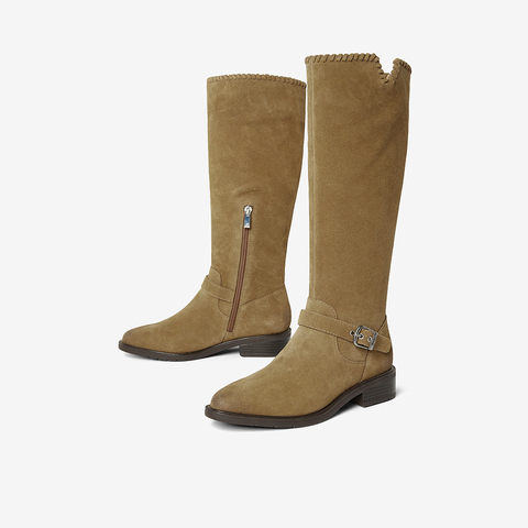 Bata西部靴女2025冬季商场新款英伦牛仔靴粗跟牛剖皮长靴AXG66DG5