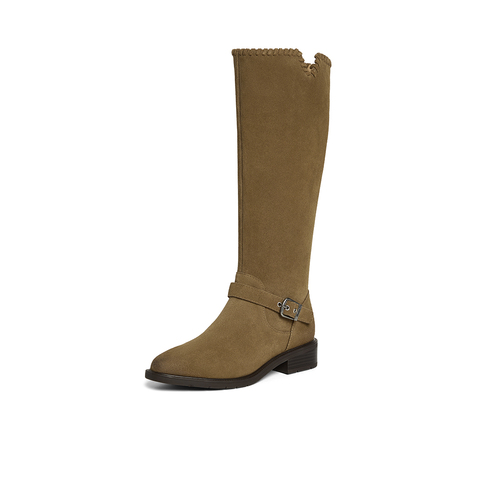 Bata西部靴女2025冬季商场新款英伦牛仔靴粗跟牛剖皮长靴AXG66DG5