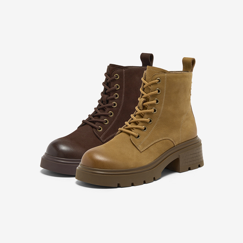 Bata英伦马丁靴女2025冬季新款牛皮粗跟百搭复古短靴6807DDD5