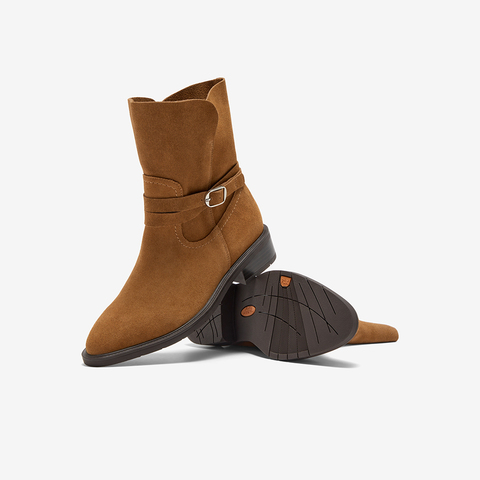 Bata西部靴女2025冬季新款牛剖皮百搭复古时尚中筒时装靴AXG65DZ5