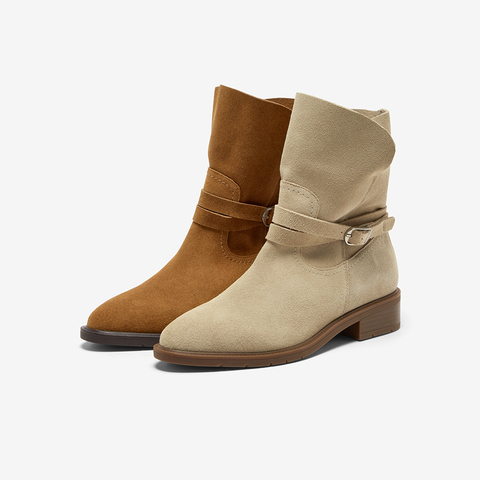 Bata西部靴女2025冬季新款牛剖皮百搭复古时尚中筒时装靴AXG65DZ5