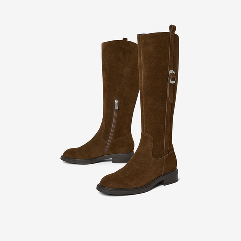 Bata西部靴女2025冬季商场新款牛剖皮粗跟显瘦长筒牛仔靴AKL85DG5