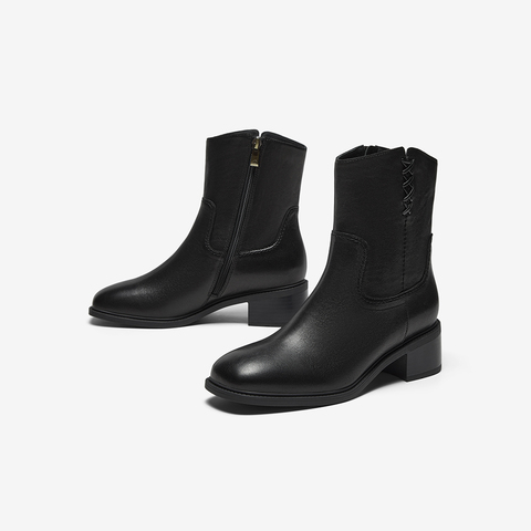 Bata西部靴女2025冬商场新款羊皮百搭复古粗跟时装牛仔靴ATO48DZ5