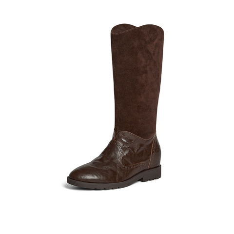 Bata西部靴女2025冬商场新款英伦牛仔靴粗跟牛羊皮长筒靴67012DG5