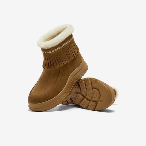 Bata雪地靴女2025冬商场新款牛剖皮保暖厚底流苏百搭短靴AD125DD5