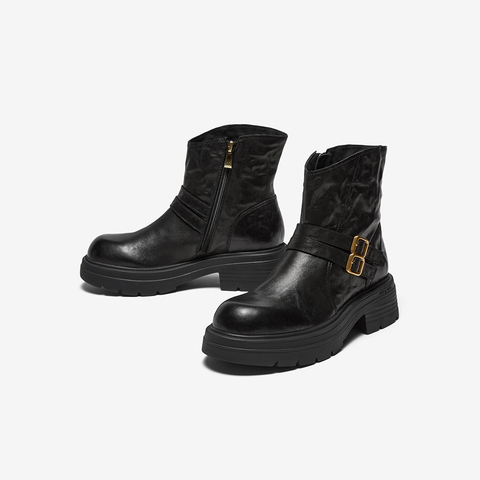 Bata时装靴女2025冬季商场新款百搭羊皮通勤粗跟短筒靴AGC47DD5