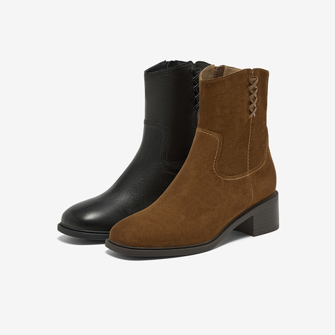 Bata西部靴女2025冬商场新款羊皮百搭复古粗跟时装牛仔靴ATO48DZ5