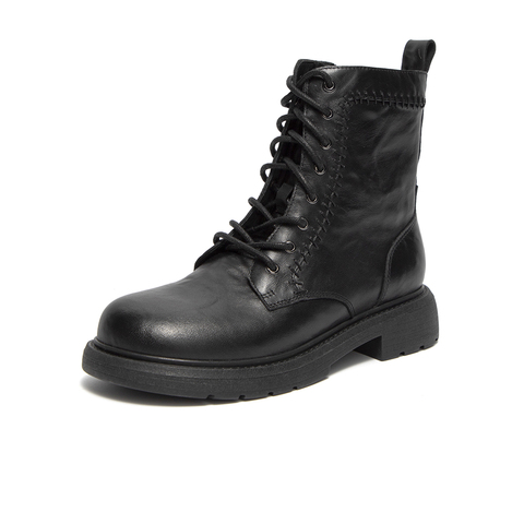 Bata英伦马丁靴女2025冬新款牛剖皮粗跟绒面百搭短筒靴AD745DD5