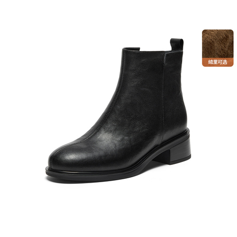 Bata时装靴女2025冬季商场新款粗跟百搭羊皮通勤短筒靴76180DD5