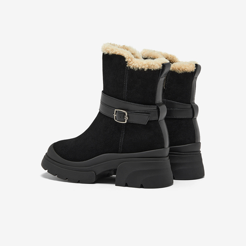 Bata雪地靴女2025冬商场新款牛剖皮保暖粗跟通勤百搭中靴UKI10DZ5